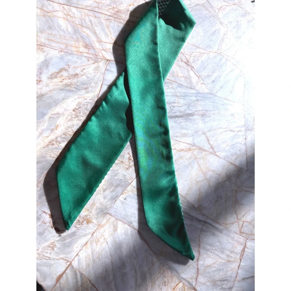 Green Satin Skinny Scarf Reversible Gingham Check Neck Tie Hair Ribbon 32 Inch